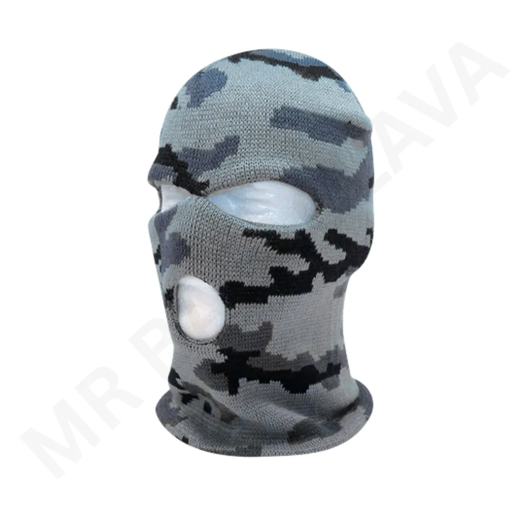 Sublimation balaclava in gray and blue camouflage knit fabric with eye and mouth openings