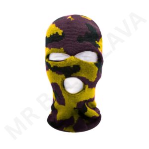 Sublimation balaclava with purple, yellow, and dark green camouflage pattern, breathable knitted fabric, full-face mask with eye and mouth openings