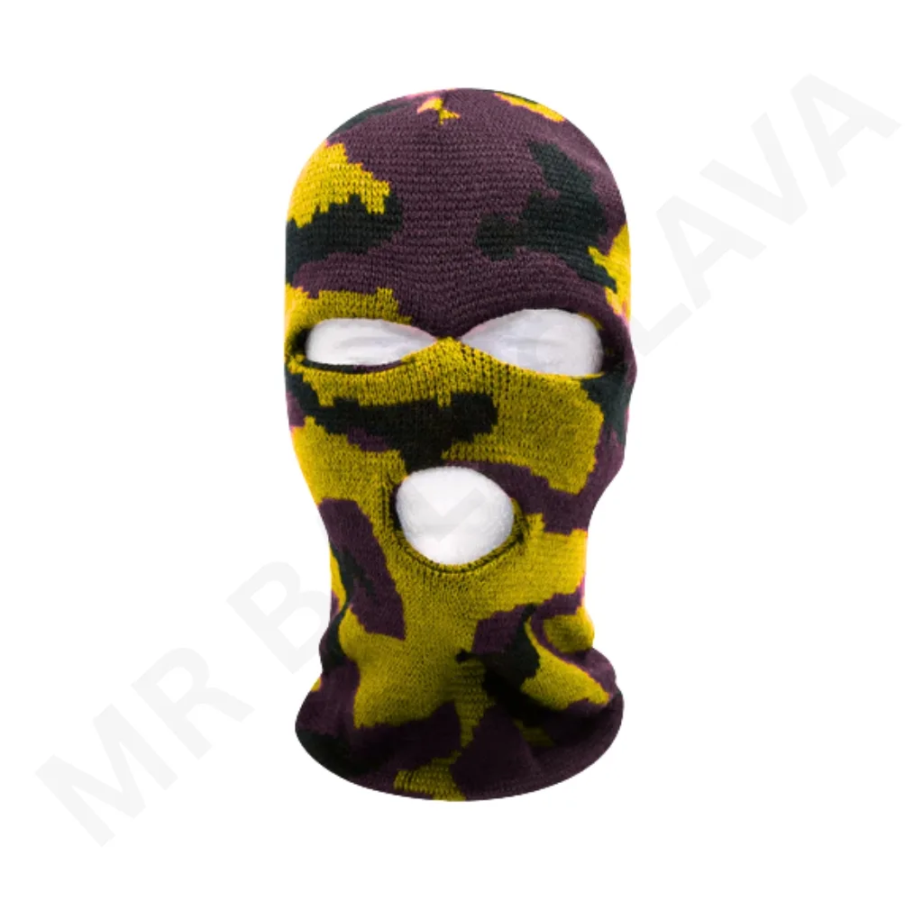 Sublimation balaclava with purple, yellow, and dark green camouflage pattern, breathable knitted fabric, full-face mask with eye and mouth openings