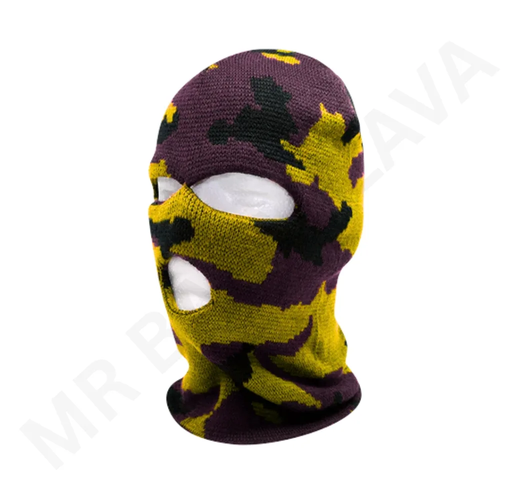Sublimation balaclava in purple and yellow camouflage knit fabric with eye and mouth openings