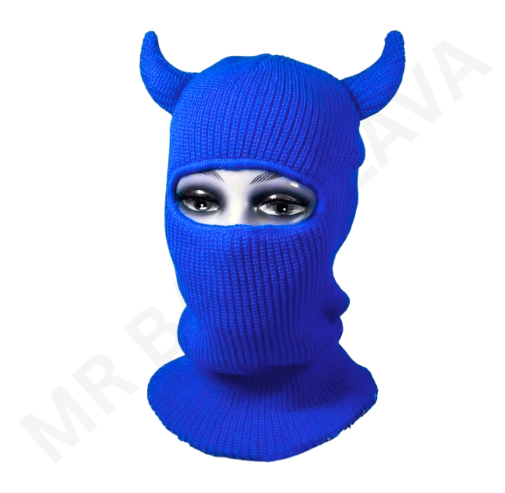 Blue knitted balaclava with horn-like ears and eye slit