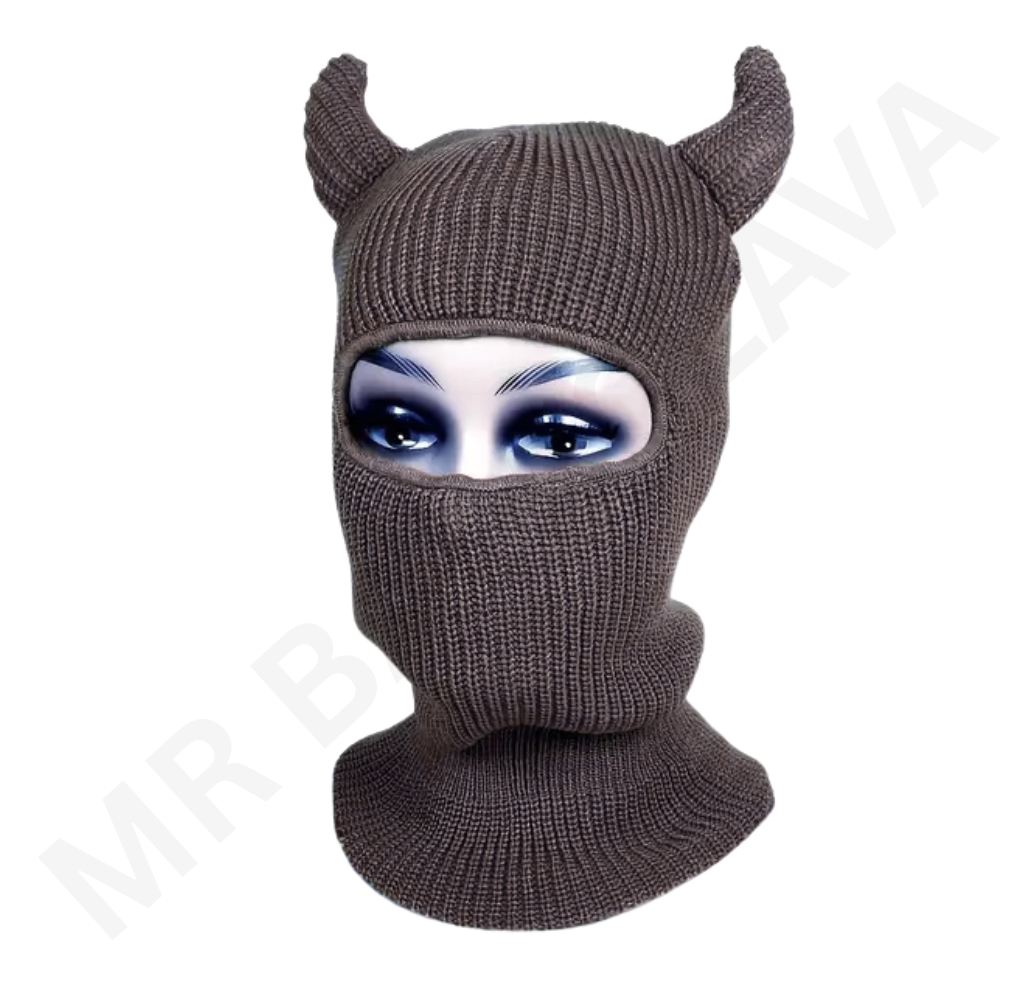 Brown knit balaclava with horn-like ears and eye opening