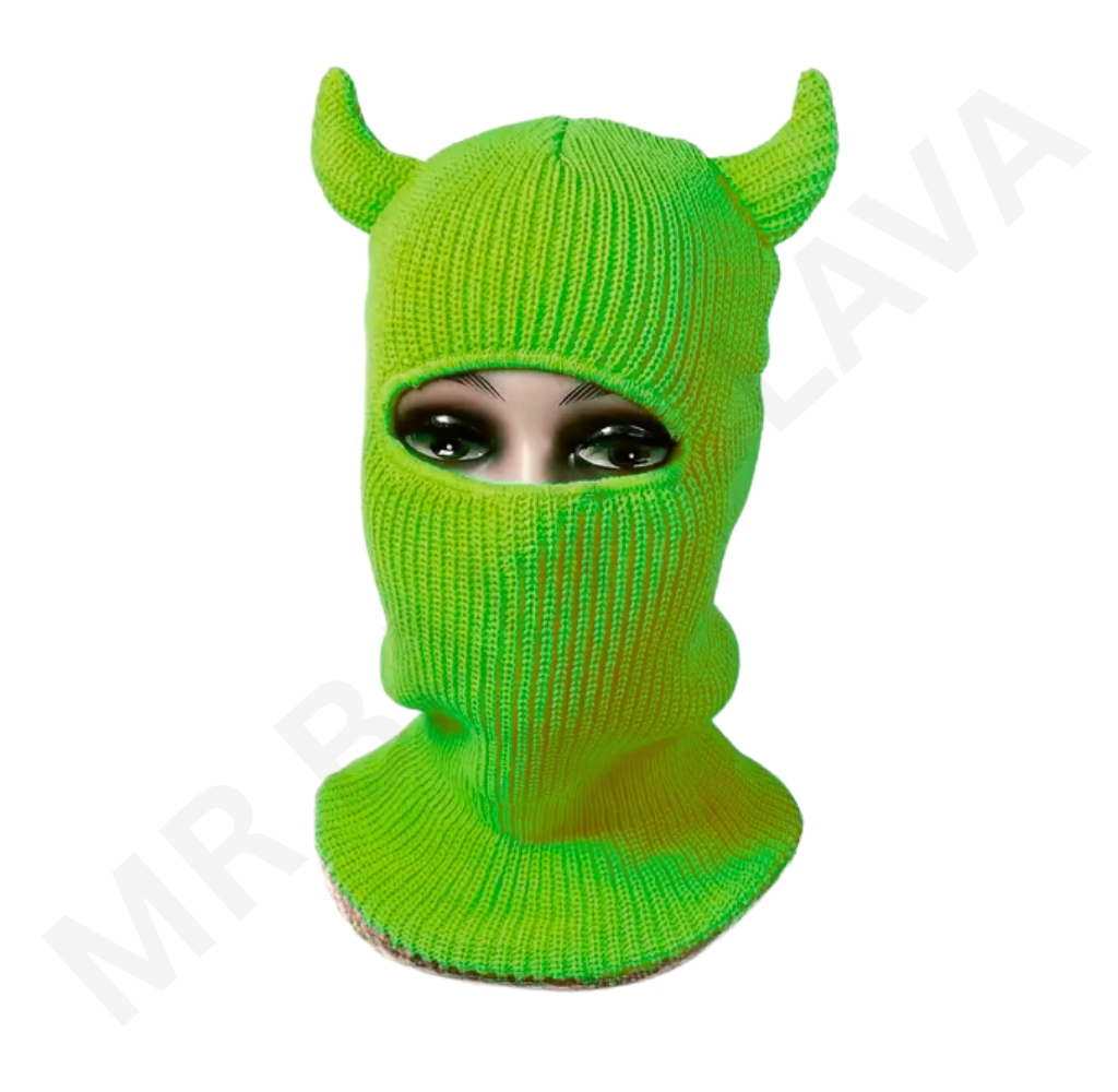 Bright green knitted balaclava with horn-like ears and eye slit