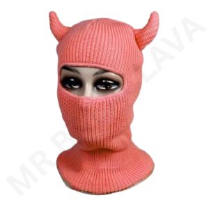 Pink knitted balaclava with horn-like ears and eye openings