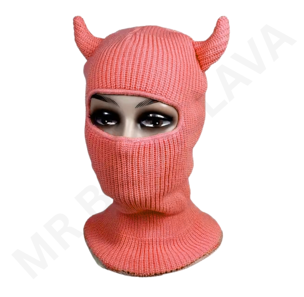 Pink knitted balaclava with horn-like ears and eye openings
