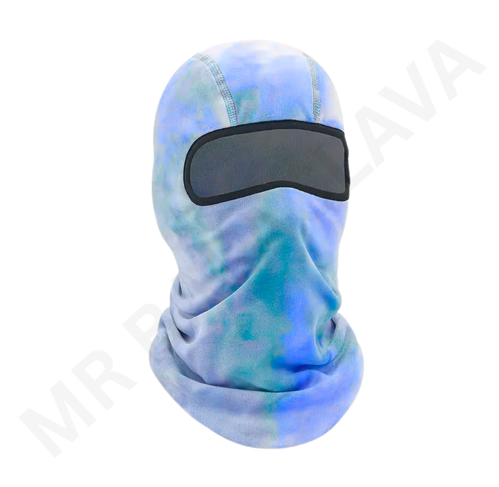 Blue tie-dye balaclava with single eye-opening visor