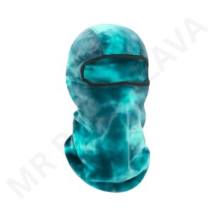 Printed balaclava with teal tie-dye pattern and single eye hole