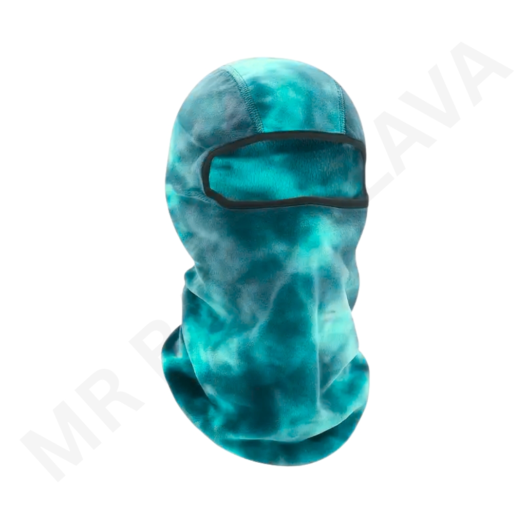 Printed balaclava with teal tie-dye pattern and single eye hole