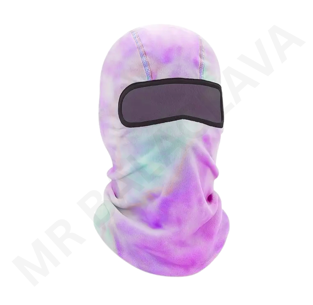 Affordable Balaclava with printed tie-dye pattern and single eye hole" Caption: "Affordable 1-Hole Printed Balaclava with Tie-Dye Design