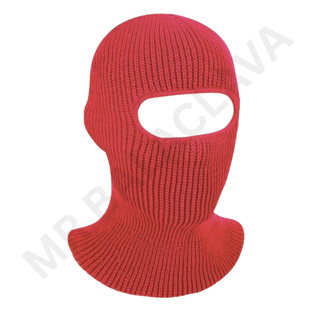 Red knitted balaclava with a large eye-opening, covering head, neck, and lower face.