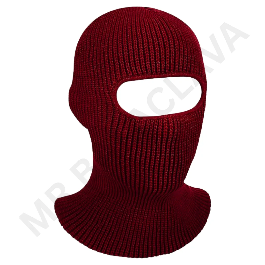 Red knitted balaclava with a wide eye opening, covering the head, neck, and lower face.