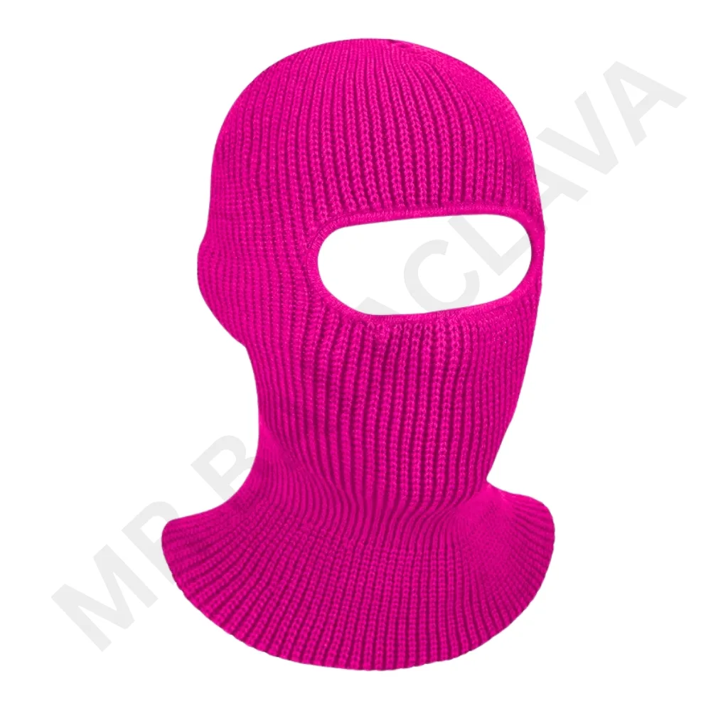 Magenta knitted balaclava with a wide eye opening, covering the head, neck, and lower face.