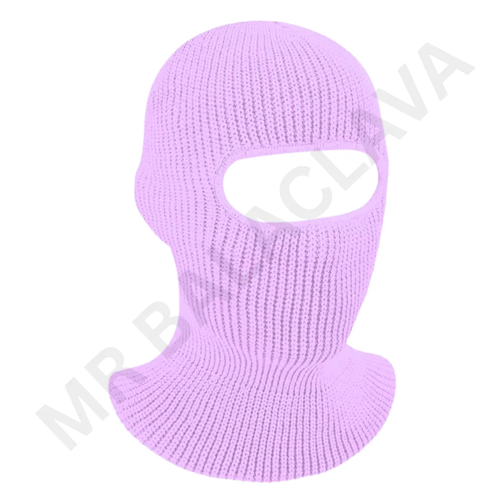 Light purple knitted balaclava with an opening for the eyes, covering the head and neck.
