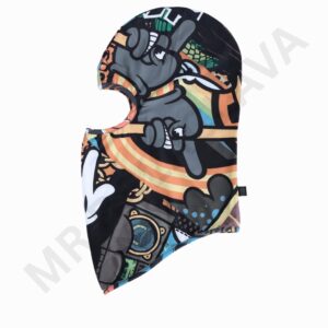 Colorful graffiti-style balaclava with a large eye opening and abstract urban design; multicolor graphics on a black background.