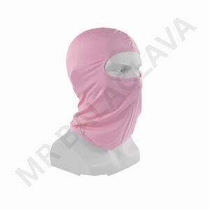 Pink full-face balaclava with a large eye opening, covering the head and neck for complete face coverage.