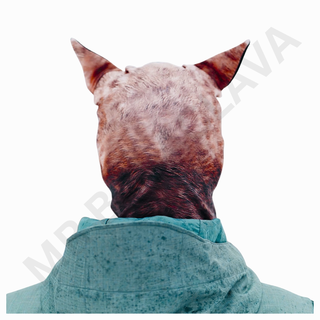 Back view of a person wearing a hoodie; head features a realistic animal face print with ears, visible from the rear.