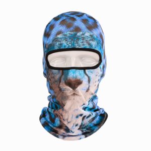 A blue and brown animal-print balaclava with a rectangular eye opening, covering the entire head and neck.
