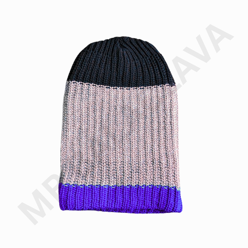 Color-block knit beanie with a dark navy top, light pink middle section, and bright blue cuff, shown from the front.
