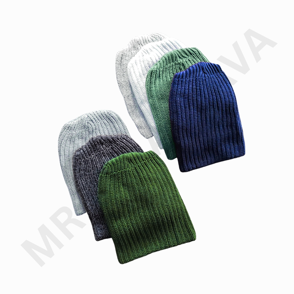 Set of knit beanies in multiple colors (white, light gray, dark gray, green, blue) arranged in a fan pattern.