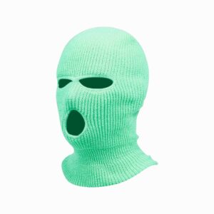 A bright mint-green knit balaclava mask with large eye and mouth openings, showing a textured ribbed fabric covering the entire head and neck.