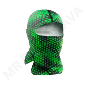 1-hole sublimated balaclava with neon green hexagonal dot pattern on black fabric