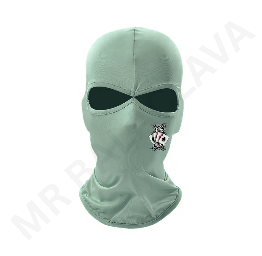 Two-hole printed balaclava with eye openings and a small playing card graphic on the side.