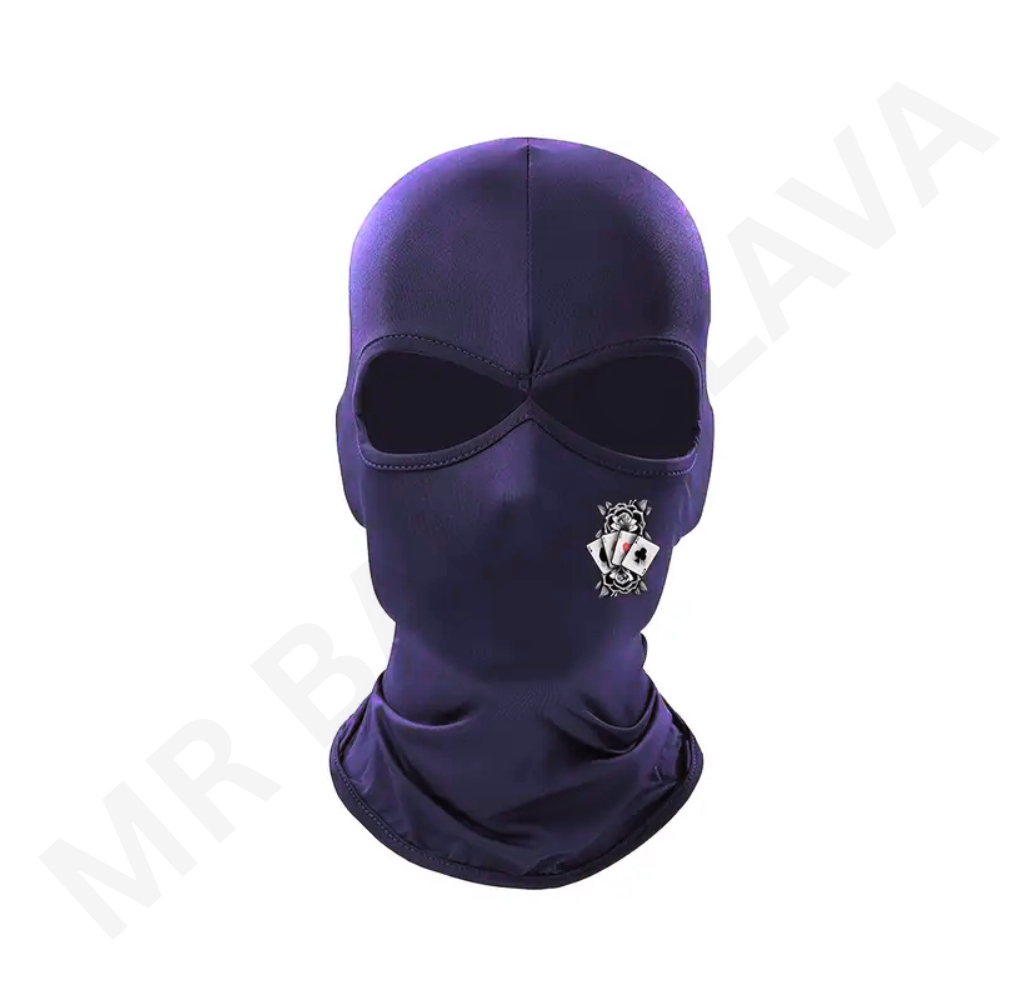 Purple two-hole balaclava with eye openings and a small playing-card graphic on the side.