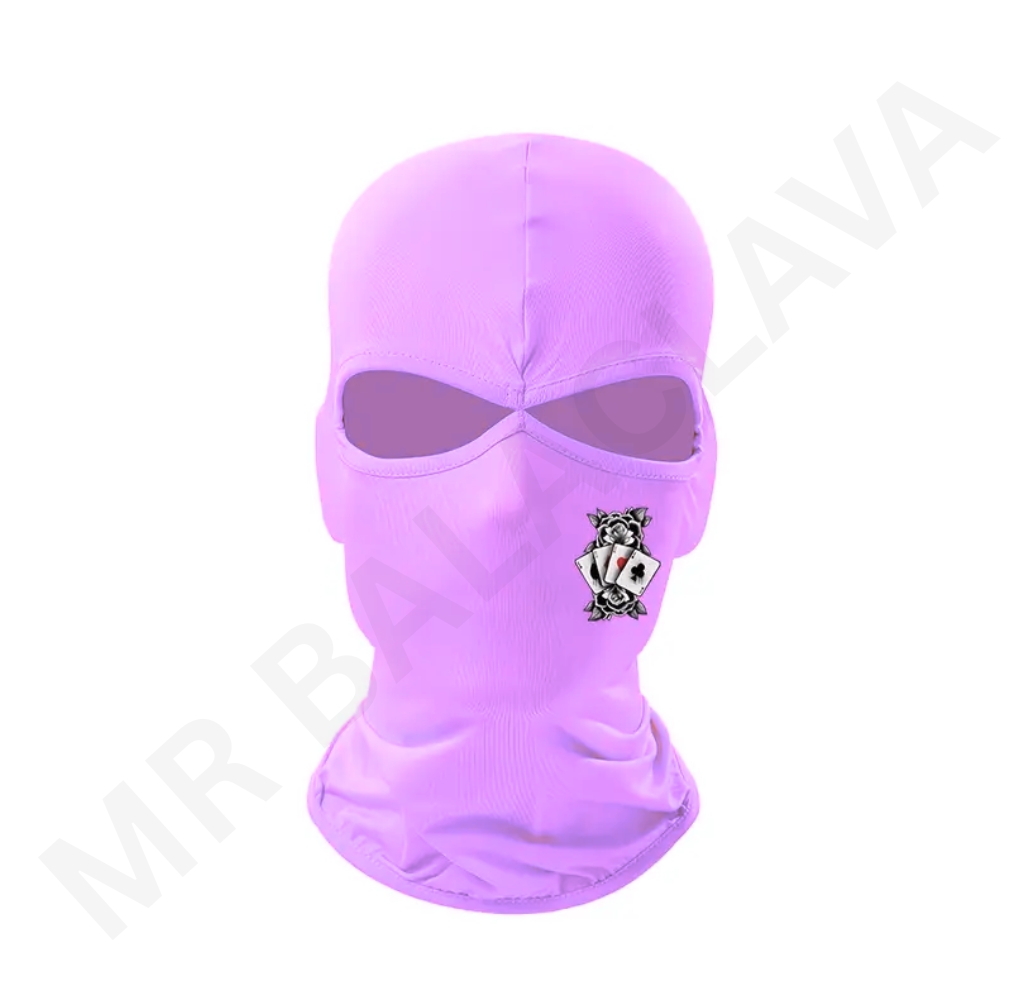 Purple two-hole balaclava with large eye openings and a small playing-card graphic on the side.