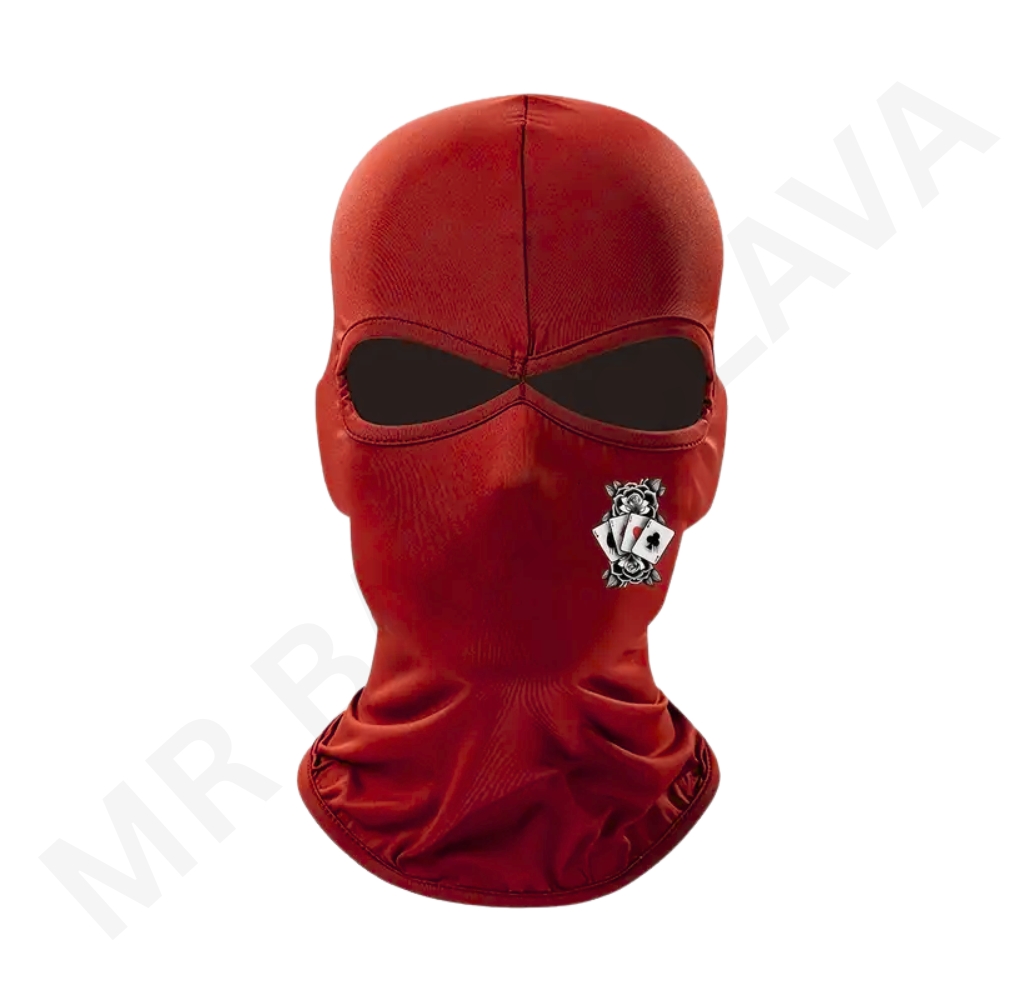 Red two-hole balaclava with eye openings and a small playing-card graphic on the side.