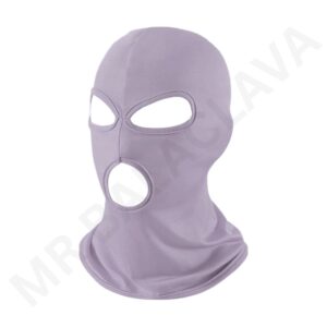 Lavender three-hole balaclava with eye openings and an open mouthhole, full-face and neck coverage.