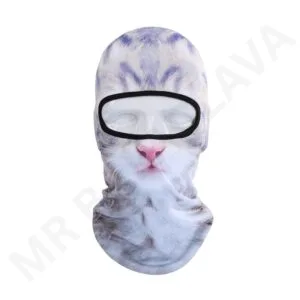 Grey and white cat-face balaclava with a black-trim eye opening.