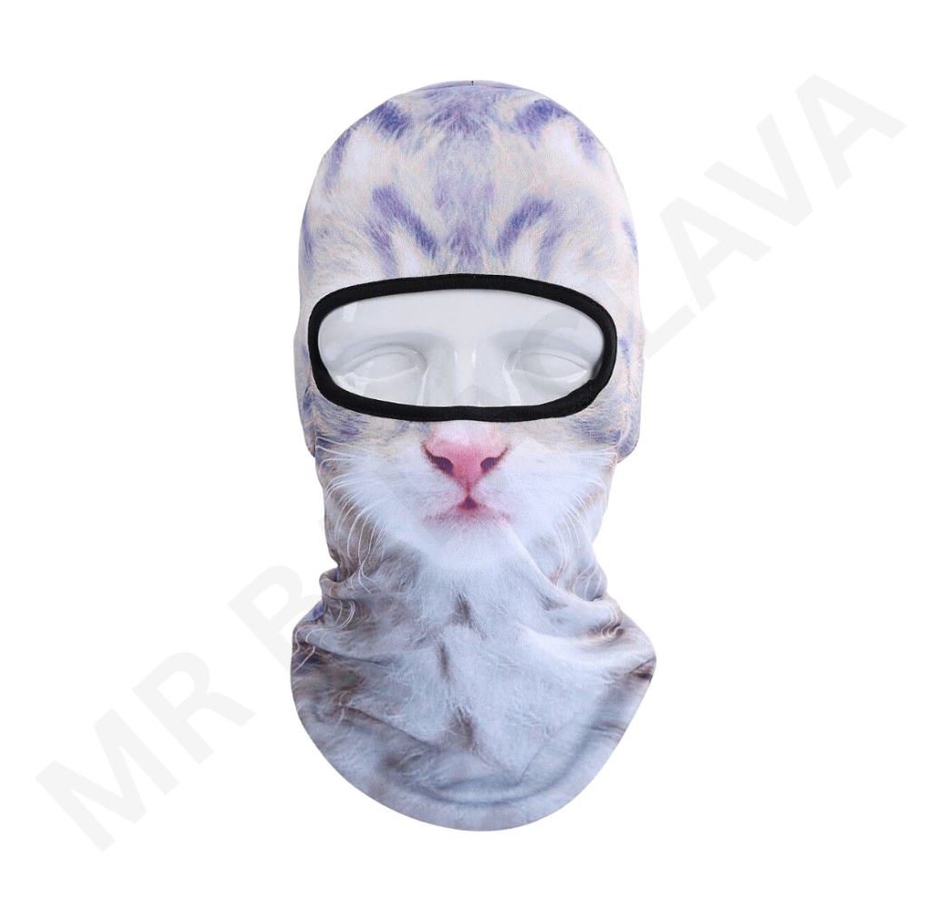 Balaclava with a realistic cat face print, white and soft grey fur tones, and a black-framed eye opening.