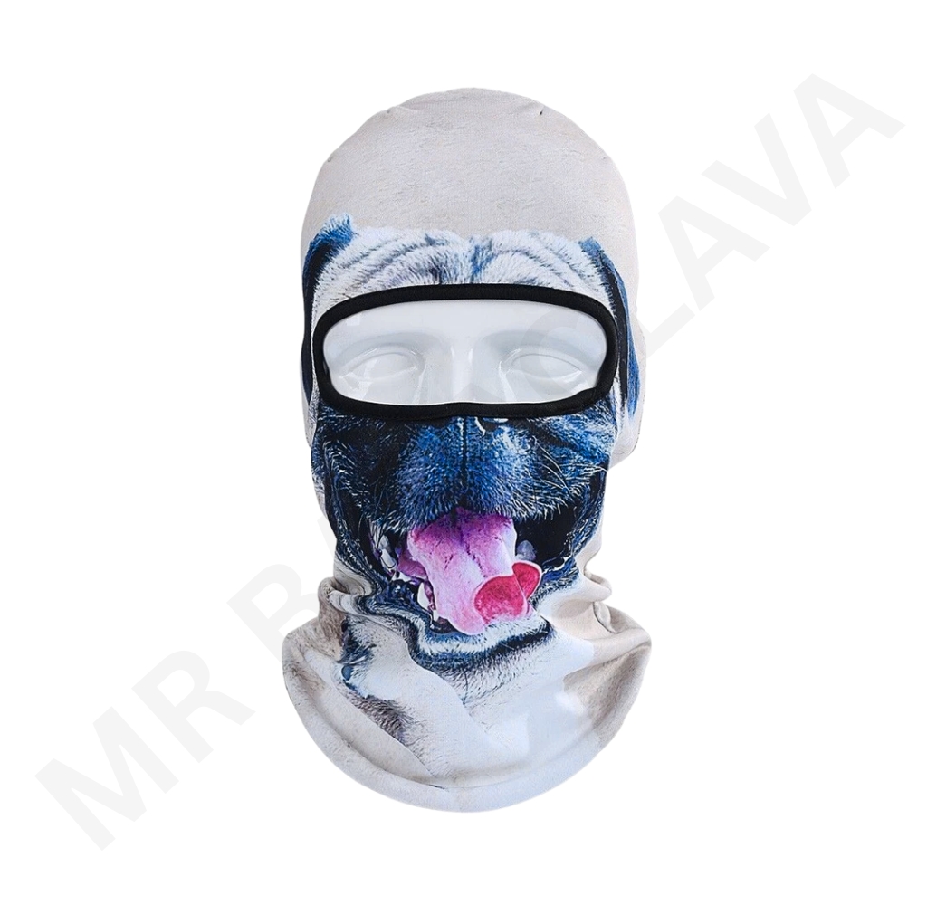 Balaclava with a realistic dog face print, white top, and a black-framed eye opening.