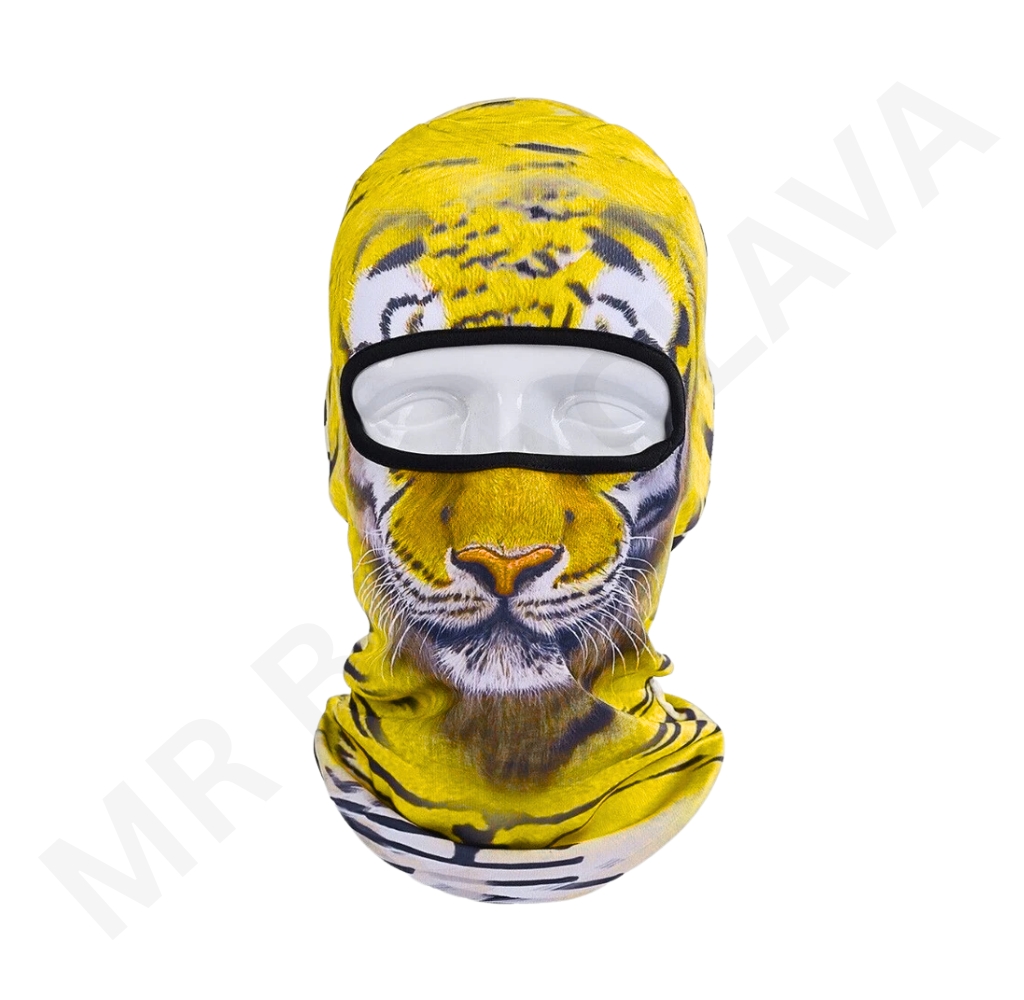 Bright yellow tiger-pattern balaclava with a large eye-opening around the helmet area.