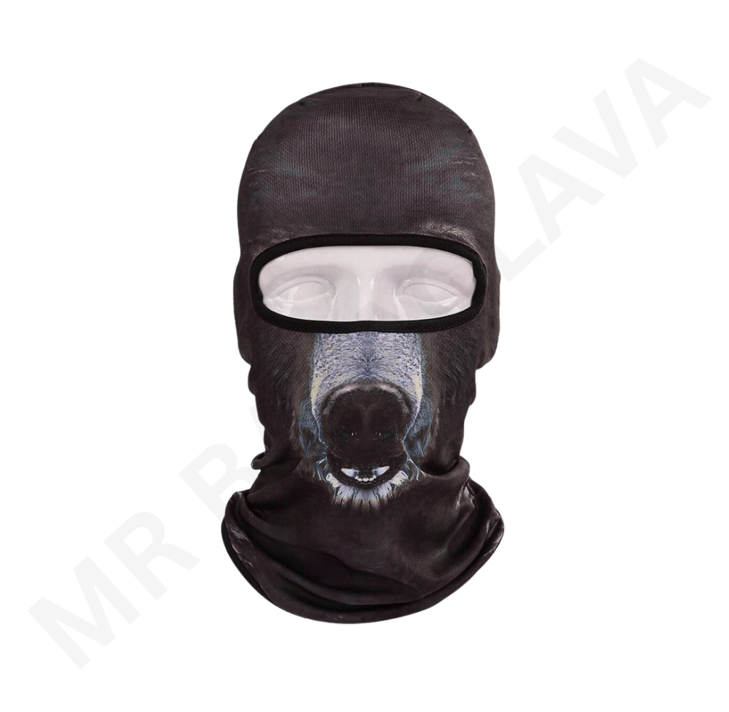 A black balaclava featuring a printed dog’s snout and mouth design around the nose area.
