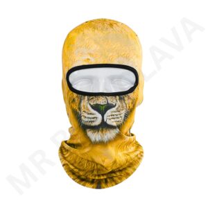 A full-face balaclava with a leopard face print and a black-framed clear mesh eye opening.