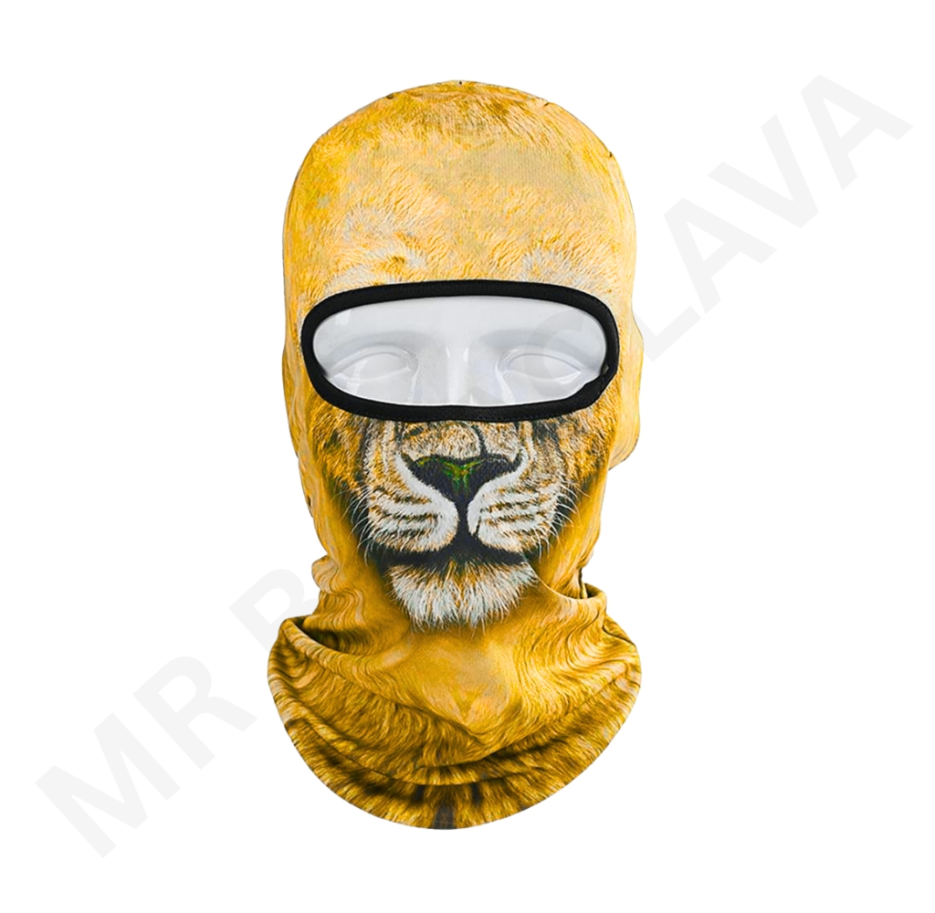 A full-face balaclava with a leopard face print and a black-framed clear mesh eye opening.