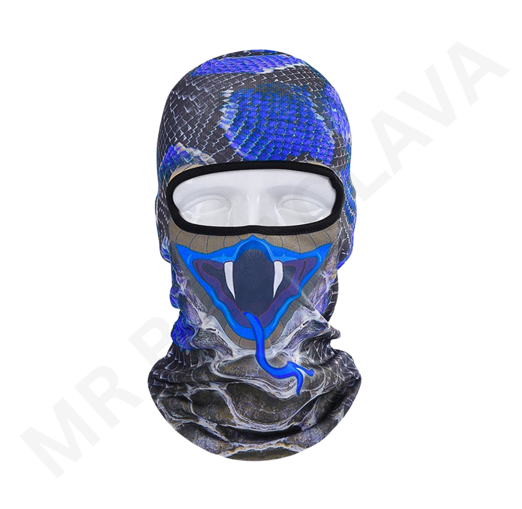 Full-face balaclava with a blue and black snake-skin pattern and a black-framed eye opening.