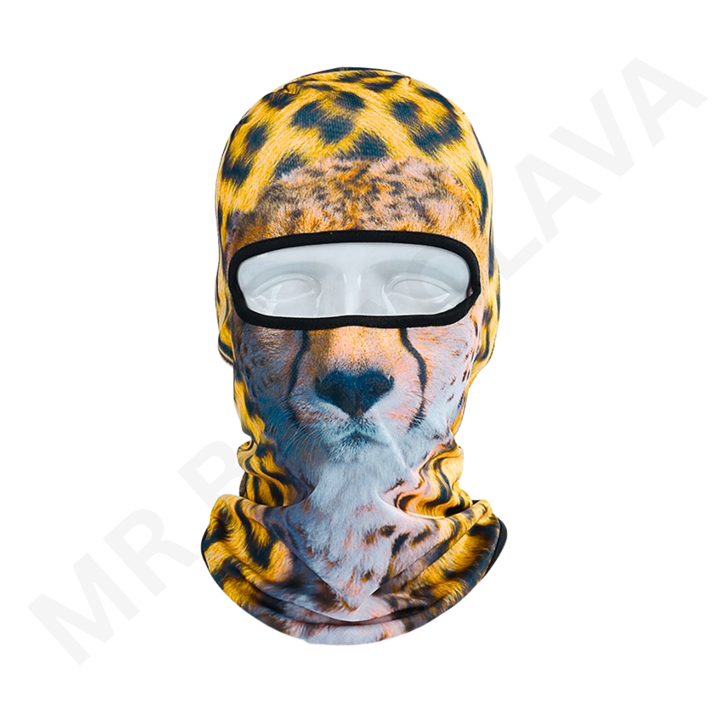 Full-face balaclava with a tiger print, featuring a black-framed clear eye opening.