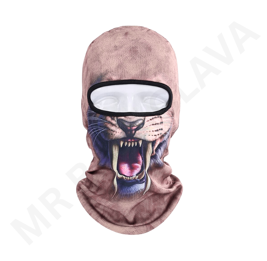 Full-face balaclava in a pinkish color with a snarling tiger face print and a black-trim eye opening.