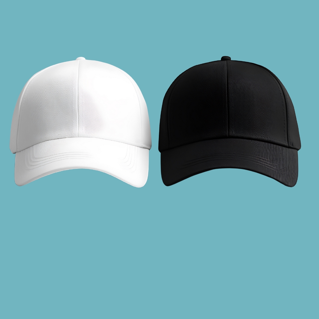 "Two baseball caps side by side on a teal background: a white cap on the left and a black cap on the right."
