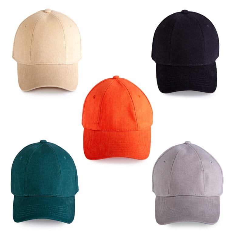 Five plain baseball caps in beige, black, orange, green and grey, arranged on a white background