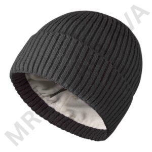 Black rib-knit beanie with inner soft lining visible at the opening.