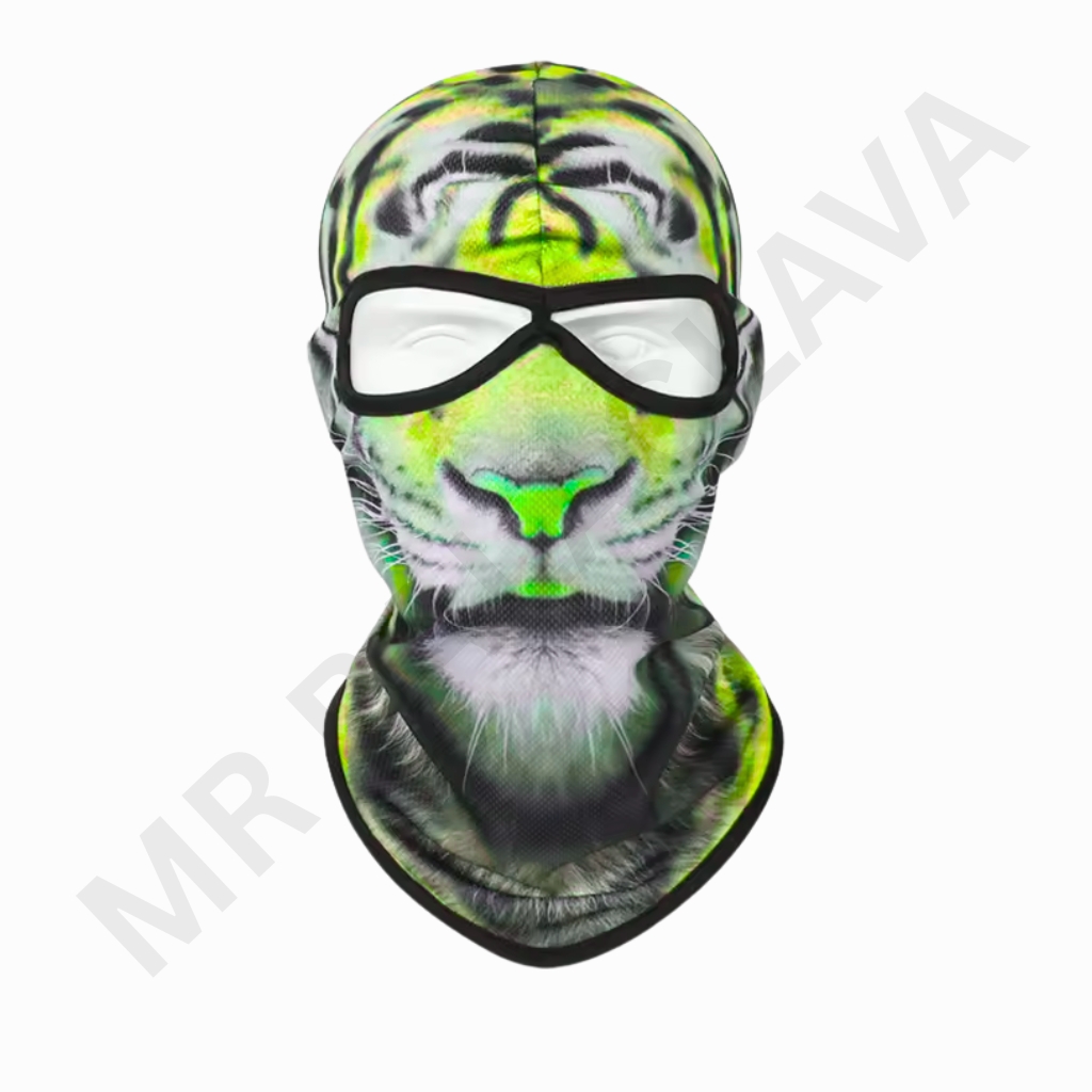 Full-face balaclava with a vibrant neon-green and black tiger print, eye protection goggles integrated with a black frame, and a neck gaiter.