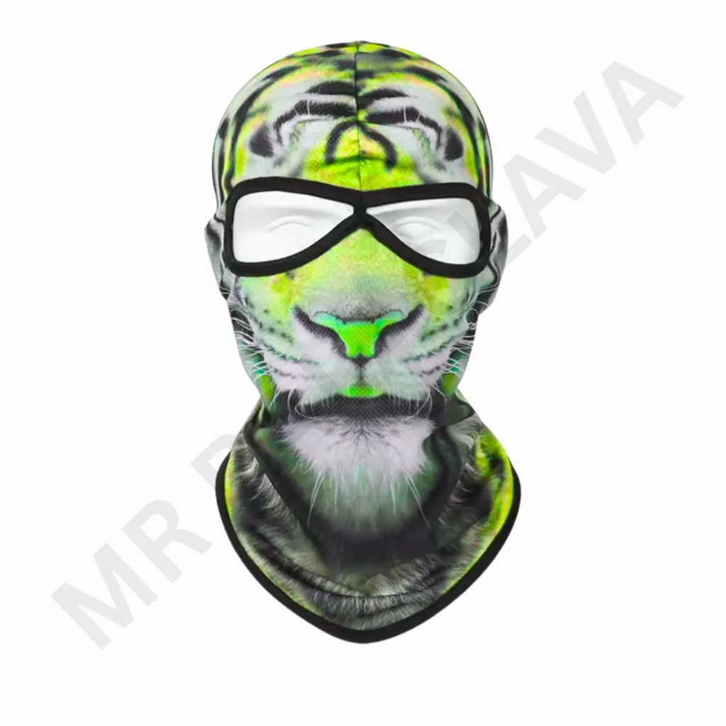 Full-face balaclava with a vibrant neon-green and black tiger print, eye protection goggles integrated with a black frame, and a neck gaiter.