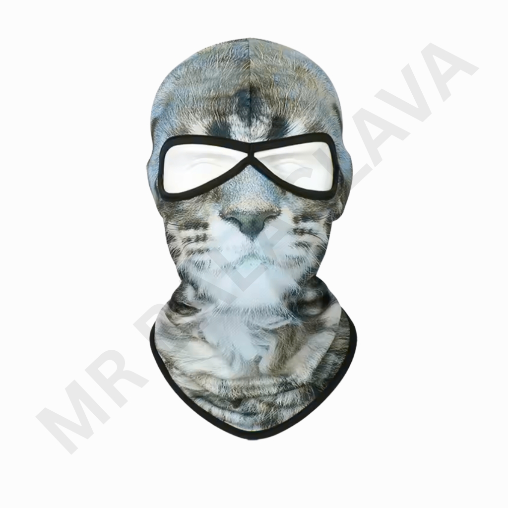 Full-face balaclava with a realistic cat-face print, eye area covered by a white mask with a black frame, and a neck gaiter.