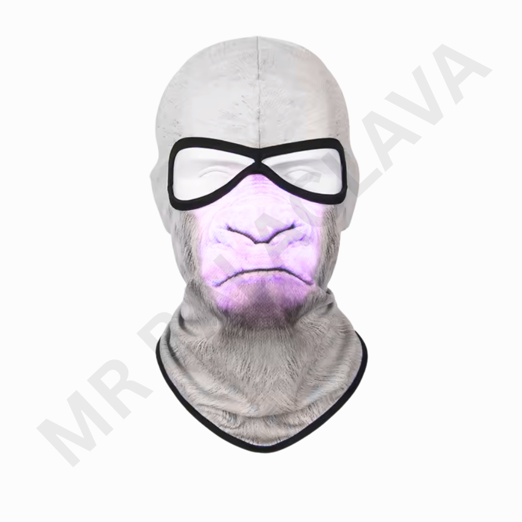 White balaclava with a black-framed eye mask and a faint purple glow on the lower face.