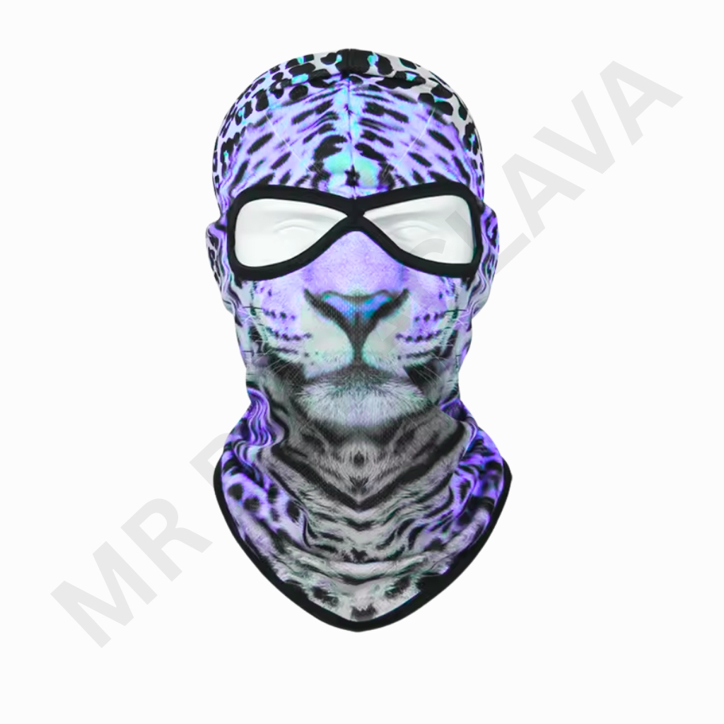 Full-face balaclava with a purple tiger-print design, eye area covered by white goggles with a black frame, and a high neck opening.