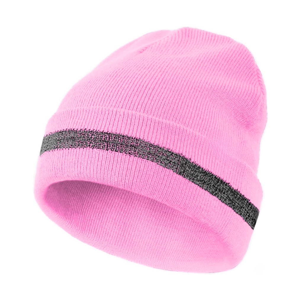 A bright pink turn-up beanie with a single dark gray stripe around the cuff.