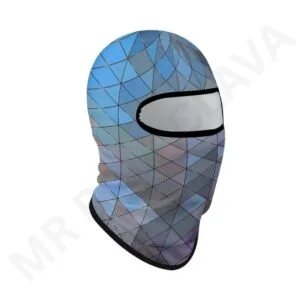 Custom sublimated balaclava with mirrored blue geometric triangles and eye opening